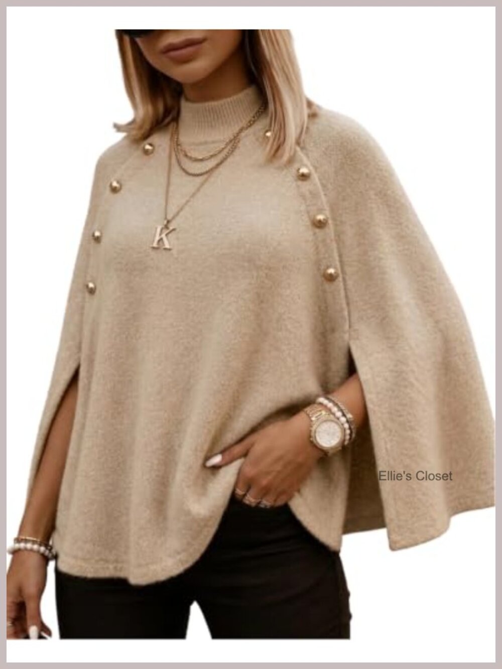 Oversized Knit Cape Sweater with Gold Button Detail